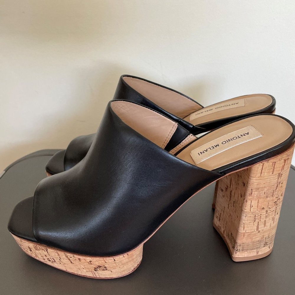 ANTONIO MELANI BLACK LEATHER OPEN TOE CLOG WITH CORK HIGH HEEL SIZE 10